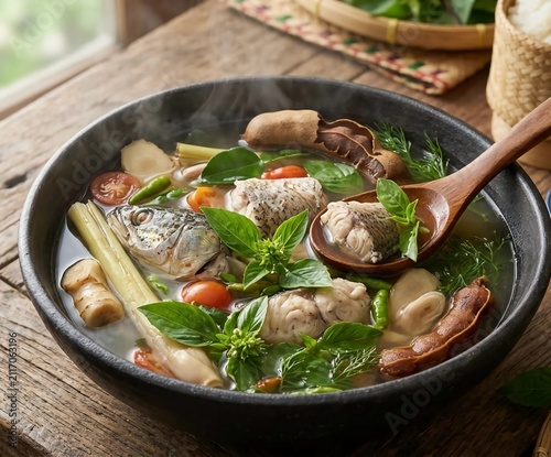 Traditional Lao sour fish soup Tom Som Pla with herbs, chili, and lemongrass in clay pot, authentic Asian food illustration, generative AI