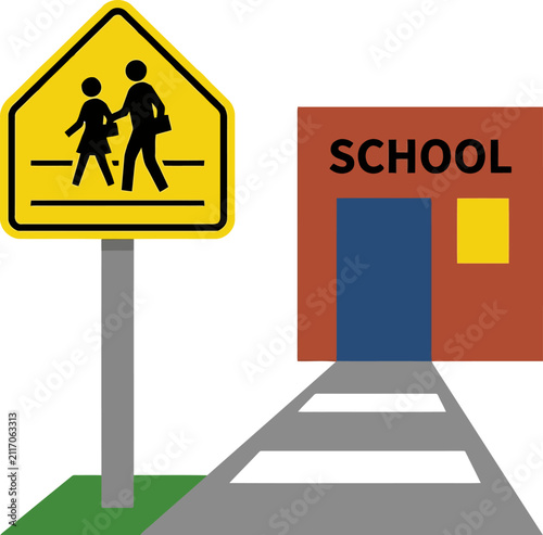 School zone sign with crosswalk and school building illustration