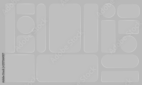 Glass liquid ui button set with transparent 3d effect - rectangle frame box elements in various sizes and proportions, glossy morphism style borders for modern interface design on light background.