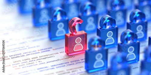 Red lock stands out among blue ones. User icons symbolize digital security and access. Code lines hint at data protection systems. Single red lock suggests critical focus or threat