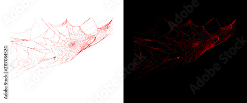 Red spider web design elements, spooky crimson cobweb textures on black and white backgrounds, gothic horror net patterns for Halloween