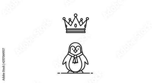 Cute Penguin Icon Wearing Crown and Scarf