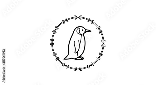 Cute Penguin Illustration in Circle of Leaves, Minimalist Animal Art
