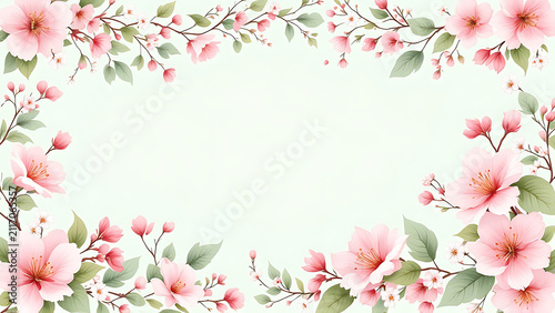 Delicate pink cherry blossoms framing a soft pastel green background