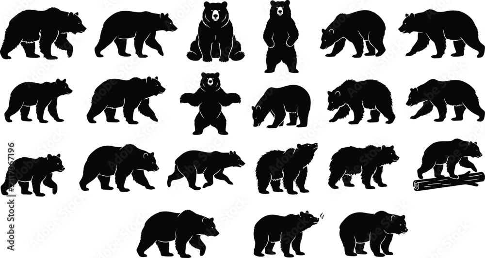Obraz premium Bear Silhouette Collection Featuring Walking Standing Resting and Wildlife Animal Vector PosesBear Silhouette Collection Featuring Walking Standing Resting and Wildlife Animal Vector Poses