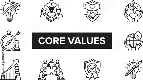 Core values icon set depicting business ethics, company culture, teamwork, strategy, and sustainability in line art style