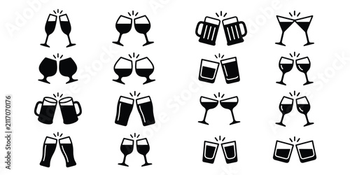 Bild auf Leinwand Set of black toast and cheers beverage icons in flat design style with beverage