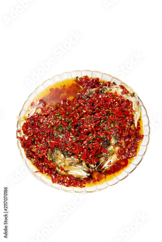 Fotografie Steamed Fish Head with Spicy Chili Sauce - Traditional Chinese Cuisine Dish with