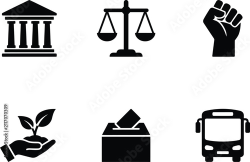Icons set representing government building justice scales raised fist ecology voting ballot box and public transportation bus