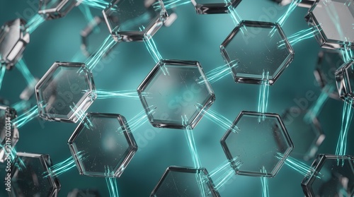 Futuristic graphene molecular structure, hexagonal carbon lattice with glowing blue energy connections, nanotechnology and science background