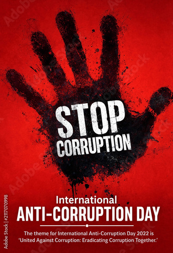 Powerful anticorruption awareness poster with bold handprint design for international campaign promotion and social justice advocacy