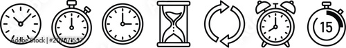 Time icons set featuring clocks, hourglass, stopwatch, and timer symbols in outline vector design