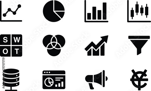 Icons set of business analytics, finance charts, marketing data and management symbols in black silhouette