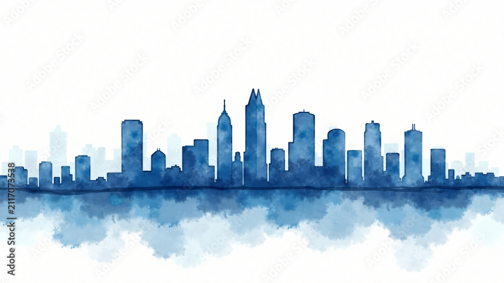 Obraz premium Elegant blue watercolor cityscape of San Diego with flowing brush textures and natural lighting