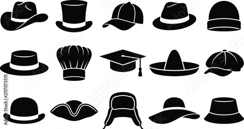 Foto Set of diverse headwear silhouettes featuring cowboy hat, baseball cap, fedora,