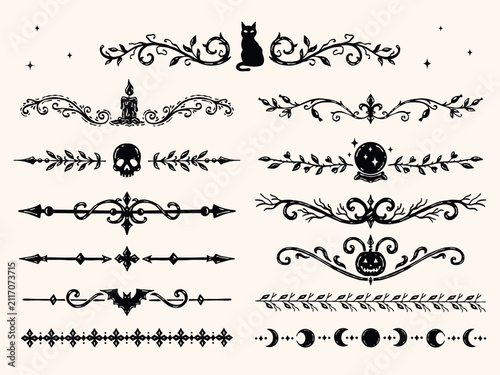 Quadro su tela Vintage Halloween vector border set featuring gothic decorative dividers with black cat, skull, crystal ball, bat, moon and ornamental branches