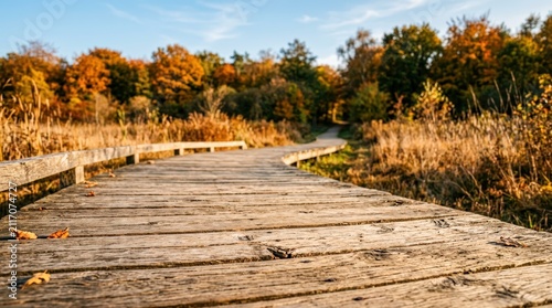 Wooden Boardwalk Through Autumn Forest Landscape.
