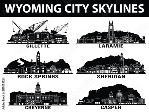 Black city skylines of Wyoming towns set
