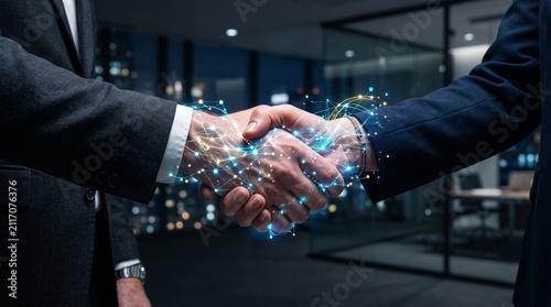 Businessmen shaking hands with digital network graphics in office