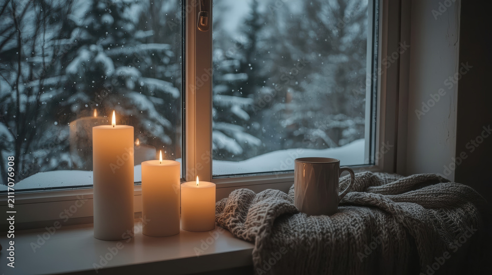Obraz premium Cozy candlelit window with snowy pine trees, warm knit blanket and mug