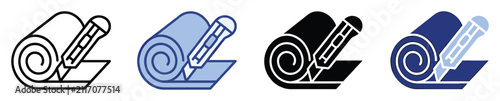 Set of icons featuring a utility knife cutting rolled material for craft and renovation