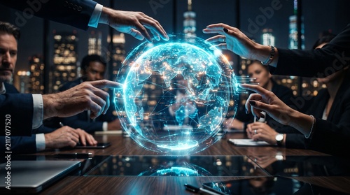 Business team collaborating around a glowing global digital network