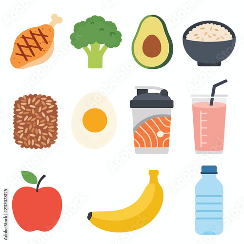 Healthy food icons for fitness and nutrition, including chicken, broccoli, avocado, rice, egg, and fruit