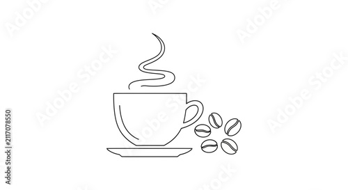 line drawing coffee cup with steam and beans