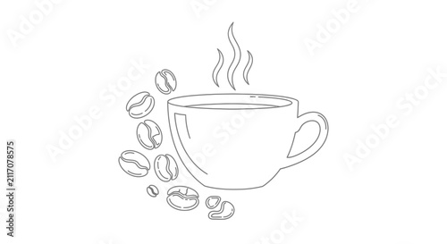 line drawing coffee cup with coffee beans