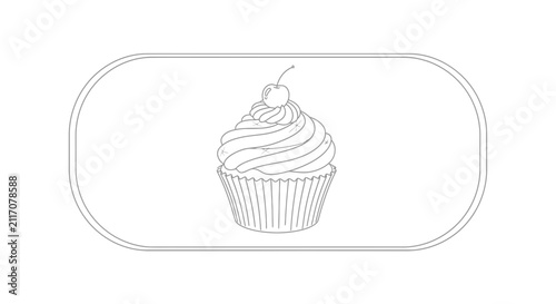 Line drawing cupcake with cherry top, simple dessert illustration