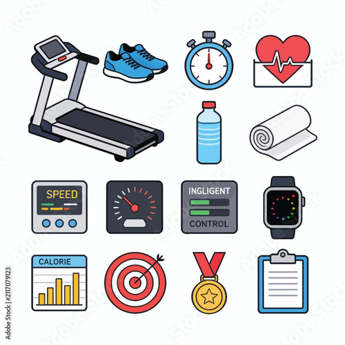 Fitness equipment and health icons including treadmill, shoes, stopwatch, heart monitor, water bottle, towel, and smart watch