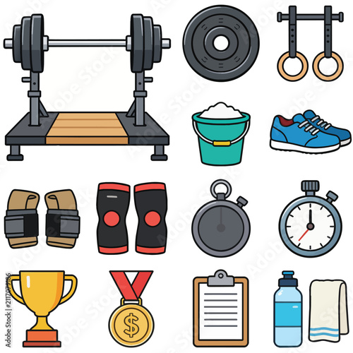Collection of gym equipment and fitness accessories for weightlifting and training