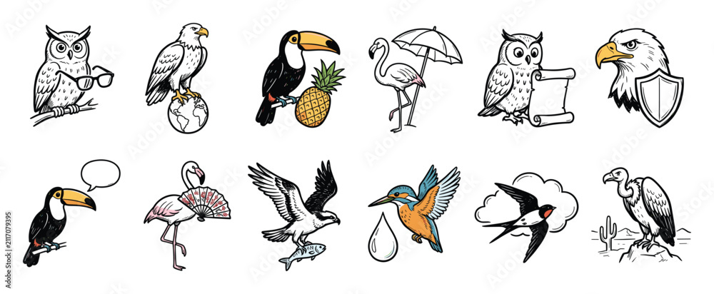 Fototapeta premium Set of diverse bird characters in different scenarios perfect for educational and symbolic graphics