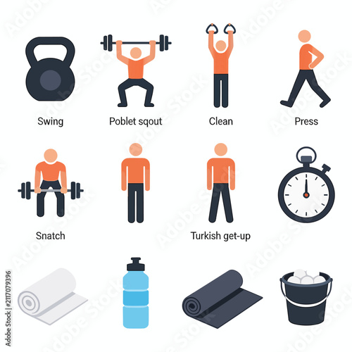 Fitness exercise icons with kettlebell barbell and stopwatch for workout and training
