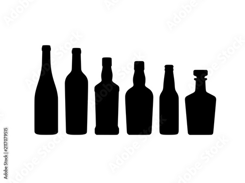 Canvas Print Alcohol bottle silhouettes set of 6 vector icons, black liquor and wine bottle s