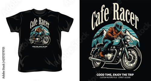 Cafe racer motorcycle t-shirt design with man riding motorcycle mountains background good time enjoy trip.