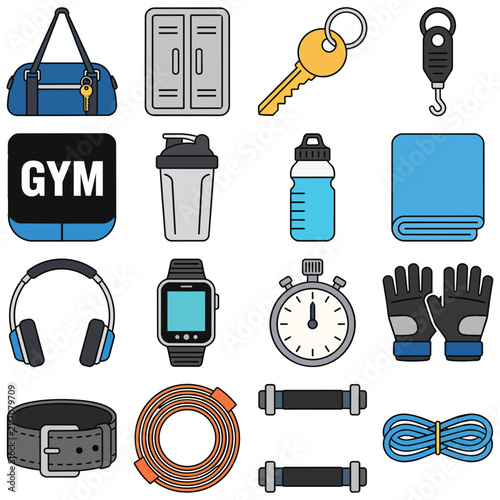 Collection of gym equipment and accessories for fitness training and workout routines