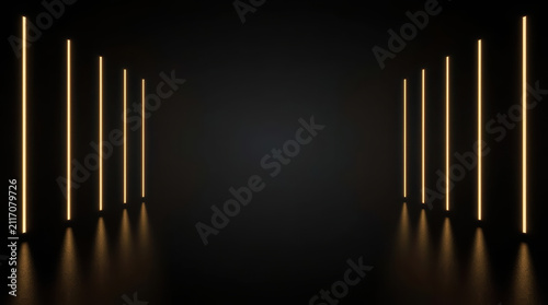 Dark minimalist corridor with vertical warm light bars and reflective floor, moody ambience