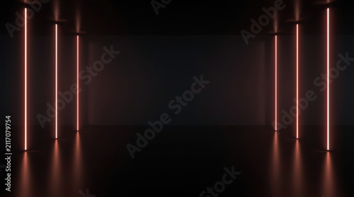 Dark minimal interior with vertical neon light columns and reflective floor, moody ambiance