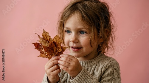 Young Girl Holding Autumn Leaf Close Up.