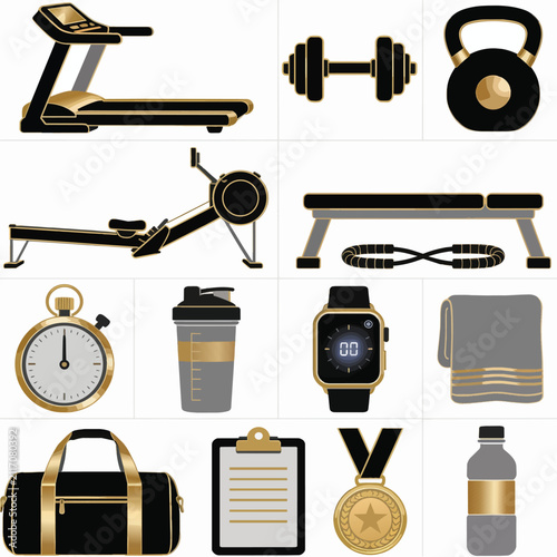 Collection of modern gym equipment and fitness accessories with black and gold accents