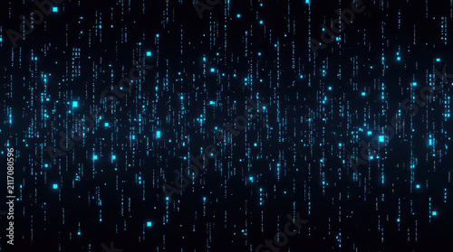 Digital matrix background with cascading neon code and glowing blue pixels evoking futuristic