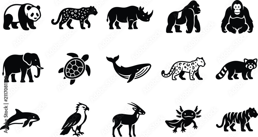 Obraz premium Set of black and white animal silhouettes featuring various wild creatures isolated on a plain white background