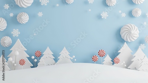 Winter holiday background, featuring white 3, d christmas trees, red and white, striped peppermint candies, and white snowflakes, on a light, blue surface, creating, a playful festive scene