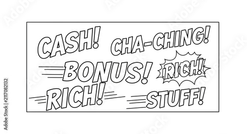 Money, Bonus, Rich! Comic Style Text Graphics, Sound Effects