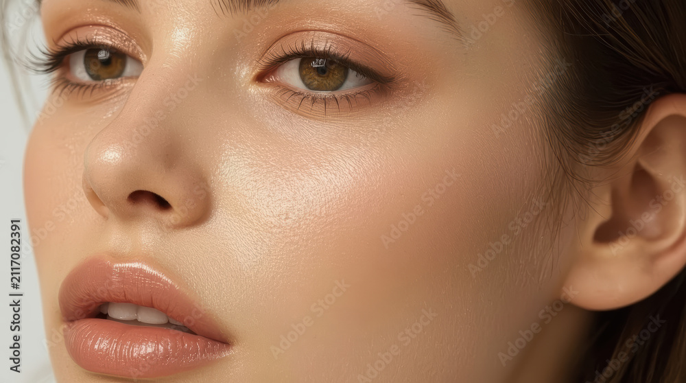Naklejka premium Flawless dewy skin close up with warm makeup and soft expression