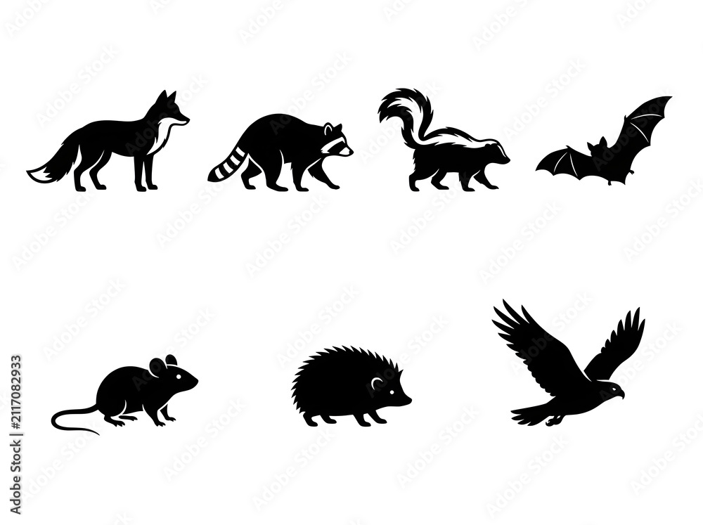 Obraz premium Black wildlife animal silhouettes set featuring fox raccoon skunk bat mouse hedgehog and bird isolated on white background