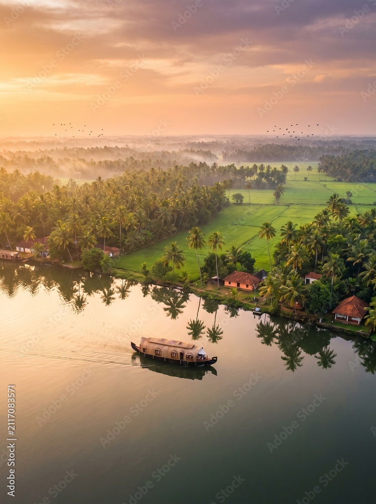 Fototapeta premium Golden sunrise over Kerala backwaters with traditional houseboat