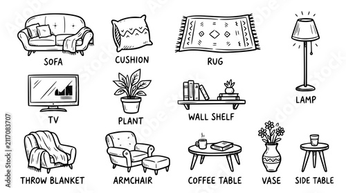Hand drawn living room lounge icons sofa cushion rug lamp tv plant shelf throw blanket, black ink sketch vector illustration
