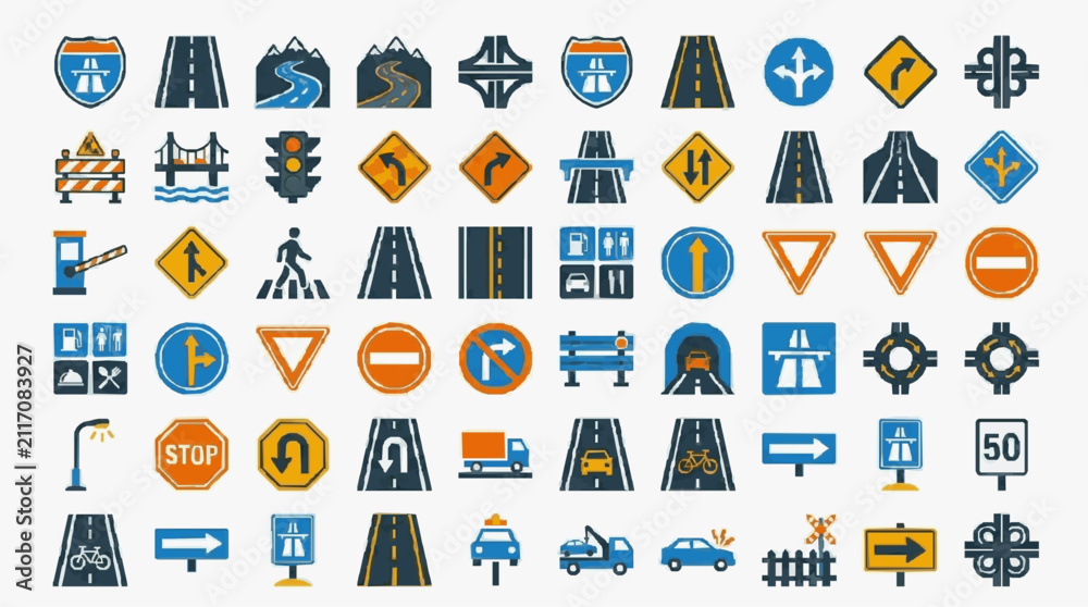 Fototapeta premium Creative Colorful Icons Set of Road Signs Traffic Signals and Highway Symbols for Infographics and Presentations